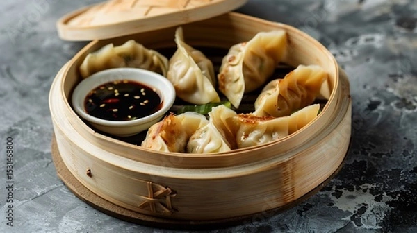 Fototapeta Chinese dumplings arranged in bamboo steamer with soy sauce white modern plating overlay cut out on isolated transparent removed background