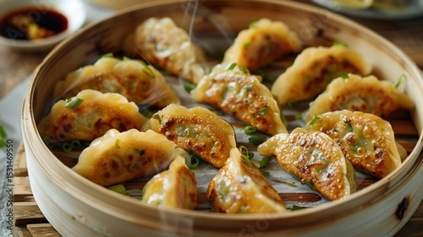Fototapeta Chinese dumplings arranged in bamboo steamer with soy sauce white modern plating overlay cut out on isolated transparent removed background