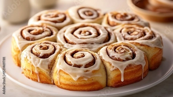 Fototapeta Cinnamon rolls with cream cheese icing spiral layers visible white plate overlay cut out on isolated transparent removed background