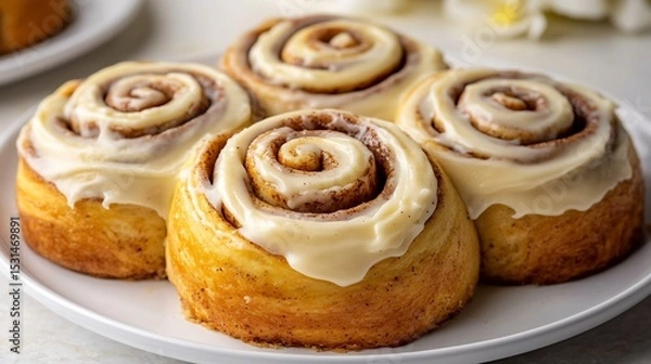 Fototapeta Cinnamon rolls with cream cheese icing spiral layers visible white plate overlay cut out on isolated transparent removed background
