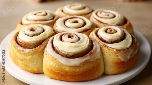 Fototapeta Cinnamon rolls with cream cheese icing spiral layers visible white plate overlay cut out on isolated transparent removed background