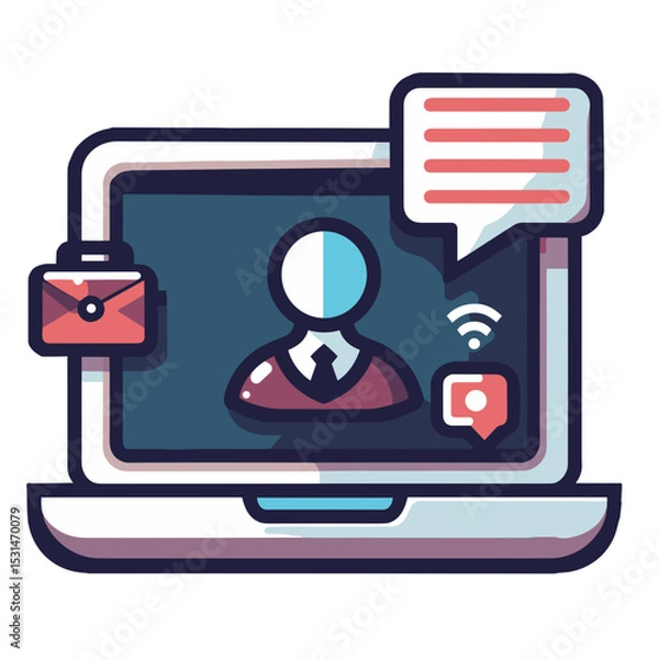 Obraz Online learning icon with laptop, student avatar, and chat bubbles in flat design, modern concept
