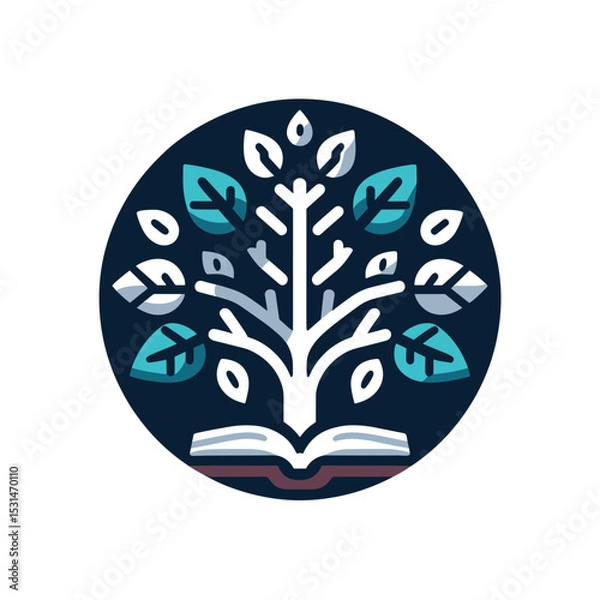 Obraz Knowledge tree icon growing from an open book in flat design, education and growth concept, circular layout