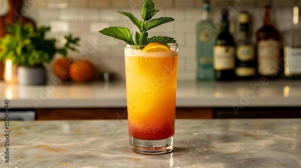 Fototapeta Clear cocktail glass with layered orange sunset drink and mint garnish white bar counter overlay cut out on isolated transparent removed background
