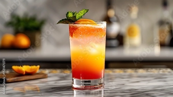 Fototapeta Clear cocktail glass with layered orange sunset drink and mint garnish white bar counter overlay cut out on isolated transparent removed background