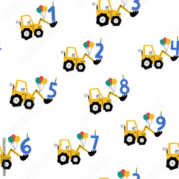 Fototapeta Seamless vector pattern with cute tractors, balloons, candles, and numbers 1–9. Fun and colorful birthday design for kids, perfect for prints, wrapping paper, and party decor.