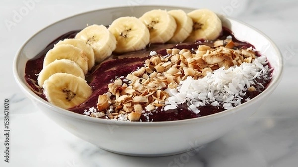 Fototapeta Colorful acai bowl with banana slices and coconut flakes vibrant superfood breakfast white backdrop overlay cut out on isolated transparent removed background