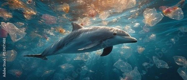 Fototapeta The graceful dance of a dolphin is a stark and tragic contrast to the plastic-filled water it calls home, highlighting the destruction plastic pollution causes in marine ecosystems.