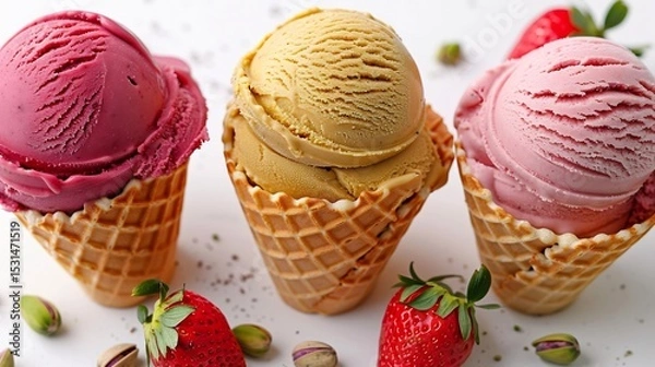 Fototapeta Colorful gelato scoops in waffle cone pistachio strawberry vanilla Italian ice cream white backdrop overlay cut out on isolated transparent removed background