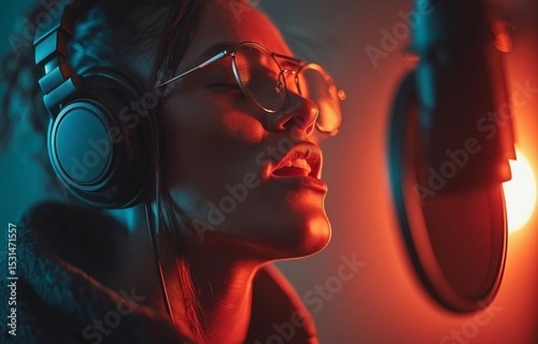 Fototapeta A singer uses a professional microphone within a soundproofed, high-tech studio to lay down crystal-clear vocal tracks