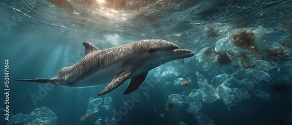 Fototapeta The graceful dance of a dolphin is a stark and tragic contrast to the plastic-filled water it calls home, highlighting the destruction plastic pollution causes in marine ecosystems.