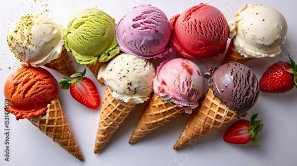 Fototapeta Colorful gelato scoops in waffle cone pistachio strawberry vanilla Italian ice cream white backdrop overlay cut out on isolated transparent removed background