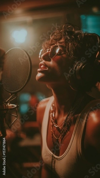 Fototapeta A singer uses a professional microphone within a soundproofed, high-tech studio to lay down crystal-clear vocal tracks