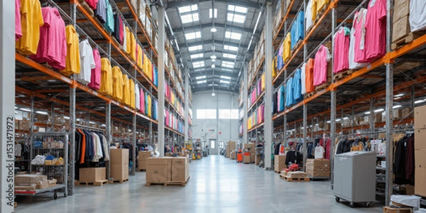 Fototapeta Apparel Distribution Center A fashion logistics warehouse with garments suspended on automated conveyor systems that move clothing from receiving to