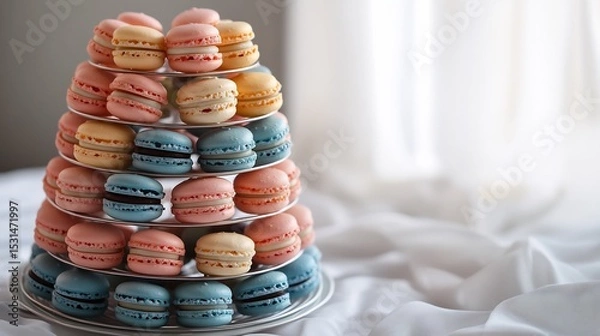 Fototapeta Colorful macaron tower in pastel shades French patisserie elegance white backdrop overlay cut out on isolated transparent removed background