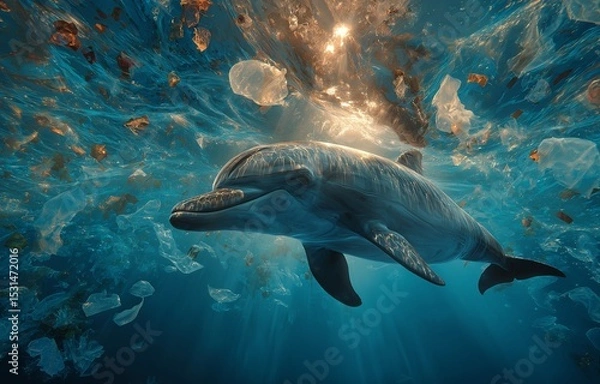 Fototapeta The graceful dance of a dolphin is a stark and tragic contrast to the plastic-filled water it calls home, highlighting the destruction plastic pollution causes in marine ecosystems.