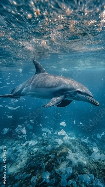 Fototapeta The graceful dance of a dolphin is a stark and tragic contrast to the plastic-filled water it calls home, highlighting the destruction plastic pollution causes in marine ecosystems.