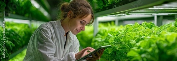 Fototapeta Deeply focused on her tablet, a woman manages the cultivation of thriving plants in a modern vertical farm, embodying the fusion of agriculture and technology.