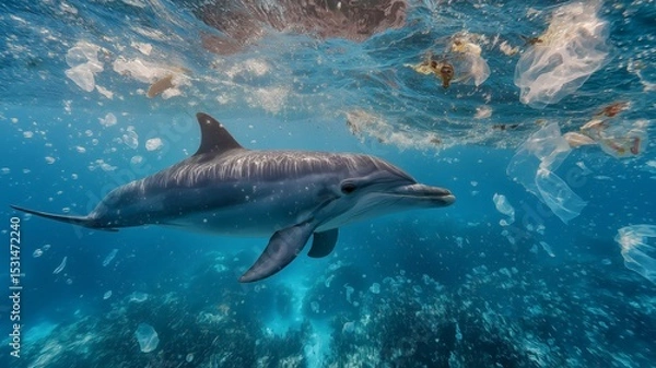 Fototapeta The graceful dance of a dolphin is a stark and tragic contrast to the plastic-filled water it calls home, highlighting the destruction plastic pollution causes in marine ecosystems.
