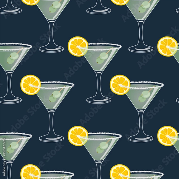 Fototapeta Classic hand drawn vector cocktail with lemon and olive garnish and salt on the glass rim, seamless pattern