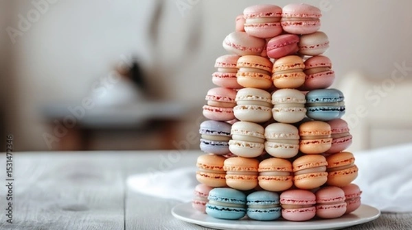 Fototapeta Colorful macaron tower in pastel shades French patisserie elegance white backdrop overlay cut out on isolated transparent removed background