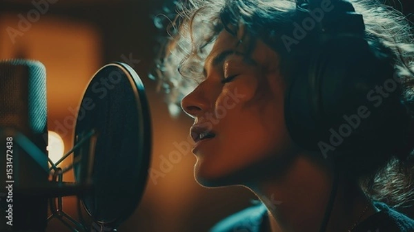 Fototapeta A singer uses a professional microphone within a soundproofed, high-tech studio to lay down crystal-clear vocal tracks