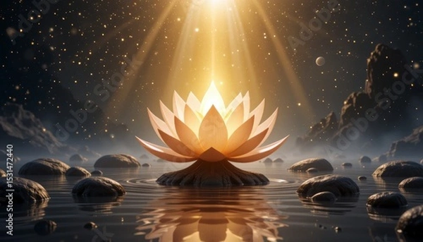 Obraz  Glowing golden lotus radiating light from center, surrounded by calm reflective water and mist
Concept of spiritual awakening and tranquility
