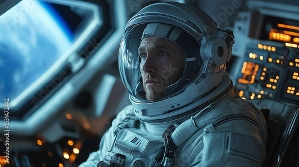 Obraz Male astronaut in helmet inside spacecraft cabin with control panels and light reflections
Concept of human space exploration and science