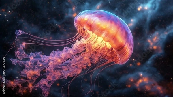 Obraz Glowing jellyfish floating in deep space with galaxy-like tendrils emitting pink and orange light
Concept of alien life and space mystery