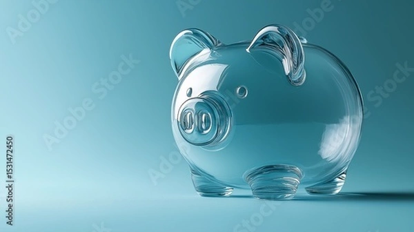 Obraz Transparent blue piggy bank on minimal cyan background with subtle reflection
Concept of digital finance and simplicity