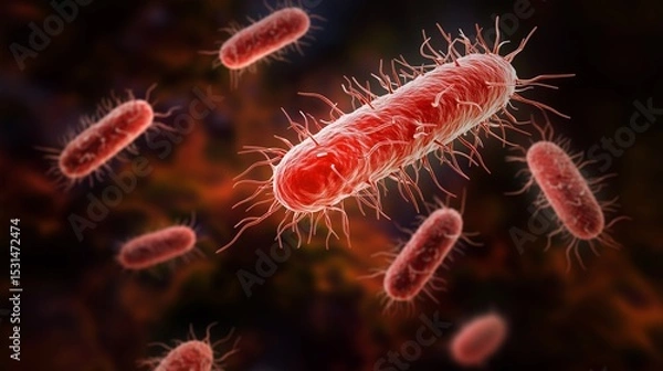 Obraz Close-up of red bacteria under microscope with detailed cell texture and hair-like structures
Concept of microbiology and unseen life
