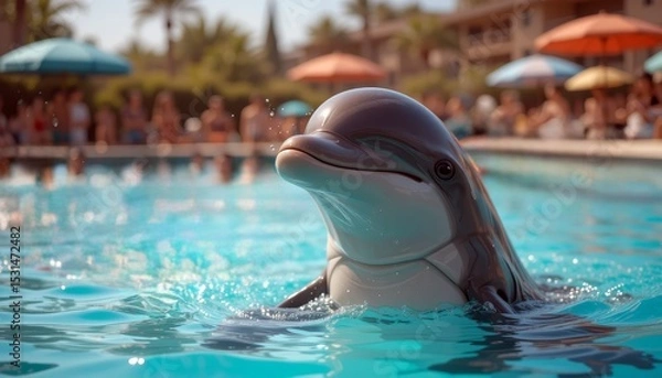 Obraz Dolphin emerging from turquoise water of resort pool with blurred people and umbrellas in background
Concept of vacation fun and aquatic entertainment