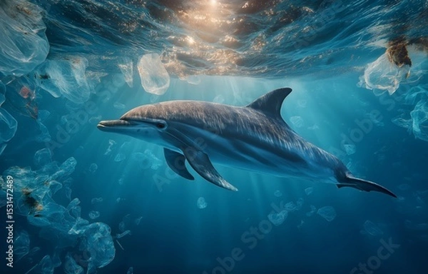 Fototapeta The graceful dance of a dolphin is a stark and tragic contrast to the plastic-filled water it calls home, highlighting the destruction plastic pollution causes in marine ecosystems.