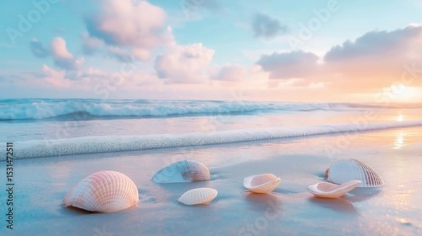 Obraz  Smooth seashells lying on wet sandy beach during pastel sunset with soft clouds above horizon
Concept of tropical relaxation and beach serenity