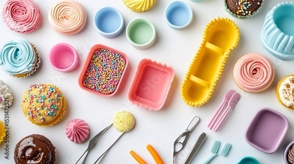 Fototapeta Colorful silicone baking molds on white surface cake decorating tools flat lay overlay cut out on isolated transparent removed background