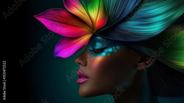 Obraz Dark-skinned woman with glowing skin and multicolor luminous flower on head in profile view, on black background