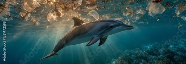 Fototapeta The graceful dance of a dolphin is a stark and tragic contrast to the plastic-filled water it calls home, highlighting the destruction plastic pollution causes in marine ecosystems.