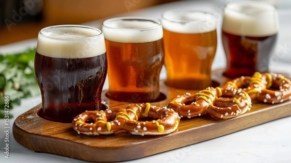 Fototapeta Beer flight with pretzels and mustard gourmet pub fare white backdrop overlay cut out on isolated transparent removed background