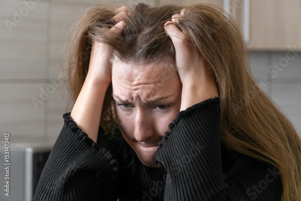 Obraz Portrait of a desperate young woman pulling her hair while experiencing a mental breakdown, highlighting the struggles of dealing with depression and anxiety
