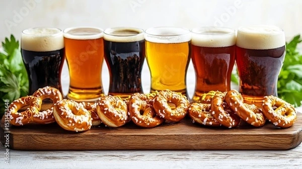 Fototapeta Beer flight with pretzels and mustard gourmet pub fare white backdrop overlay cut out on isolated transparent removed background