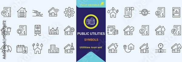 Fototapeta Public utilities web icons line set. Public Utilities Water, Fuel, Electricity, gas, garage, Solar House, Rent receipt, Maintainence, and More vector illustration