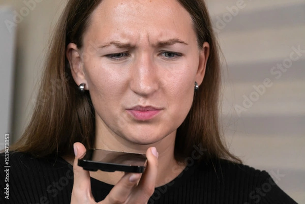 Obraz Focused young woman using a smartphone in the kitchen, recording an audio message or making a phone call on speakerphone, enjoying the convenience of modern communication technology