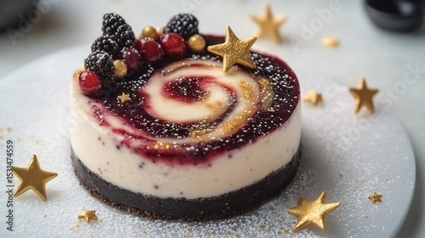 Fototapeta A galaxy swirl cheesecake with edible gold stars nebula colored berry compote and comet tail powdered sugar trails floating in zero gravity over white void cut out on isolated transparent background
