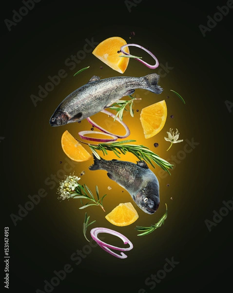 Fototapeta Sea trout with rosemary branches and lemon slices in the air in the dark