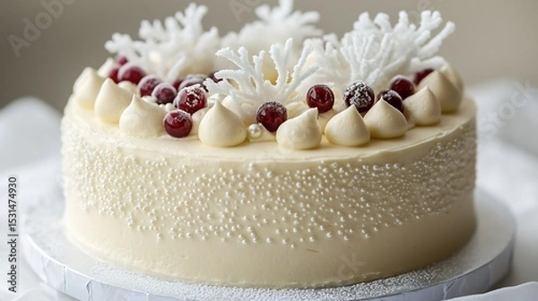 Fototapeta All white vanilla cake with frozen white currants and edible pearl accents glacial styling isolated on pure white backdrop overlay cut out on isolated transparent removed background