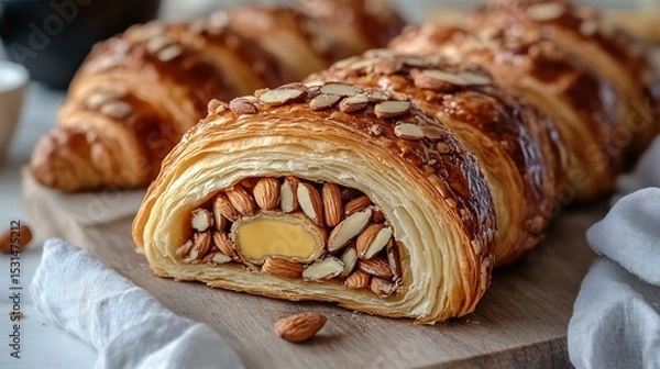 Fototapeta Almond croissant cross section with marzipan center French bakery style overlay cut out on isolated transparent removed background