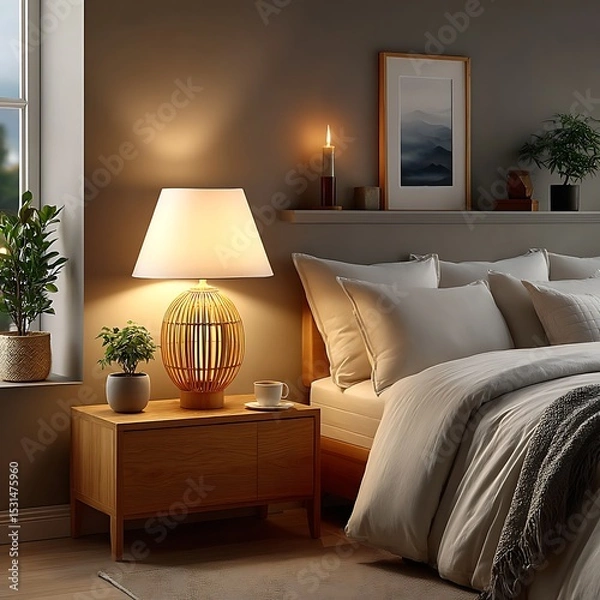 Fototapeta Decorative bamboo lamp in cozy setting high resolution picture