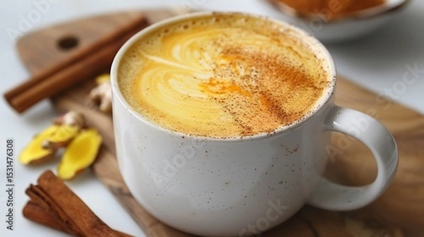 Fototapeta Almond milk latte with turmeric and cinnamon in white mug wellness drink flat lay overlay cut out on isolated transparent removed background
