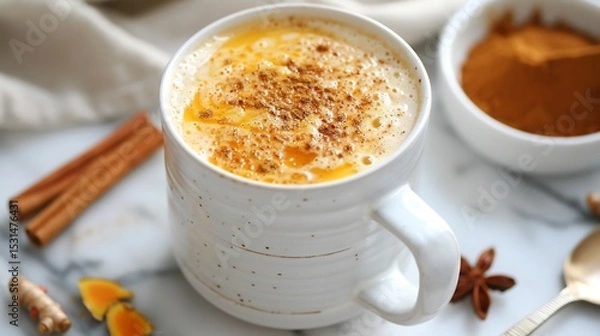 Fototapeta Almond milk latte with turmeric and cinnamon in white mug wellness drink flat lay overlay cut out on isolated transparent removed background