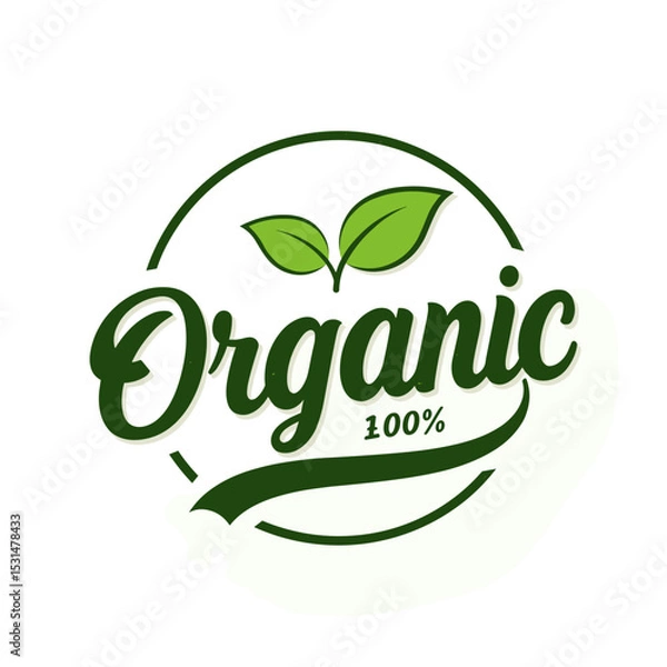 Obraz Organic 100% logo with green leaves in modern design  